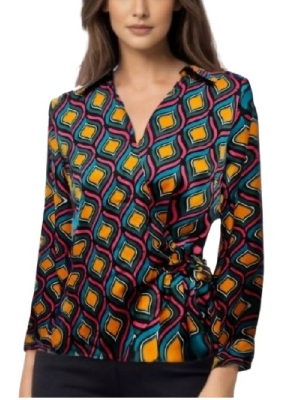 cupcakes & cashmere Multicolor Geo-Print Satin Blouse Faux Wrap Long Sleeves